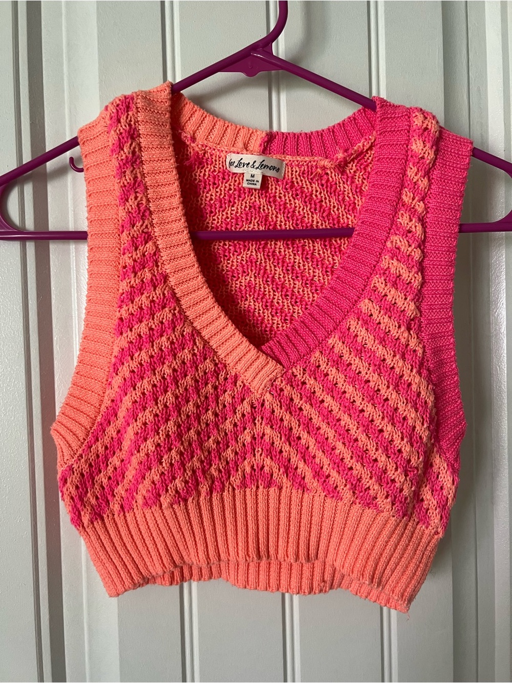 For Love And Lemons Neon Pink and Coral Knit V-Neck Crop Sweater Vest